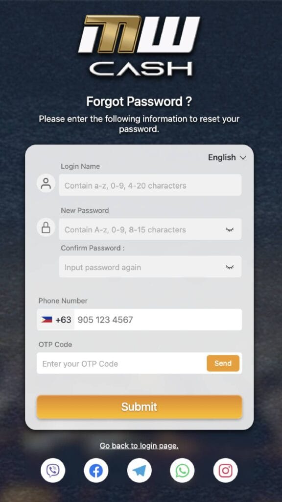 MWCASH Casino Account - Forgot Password