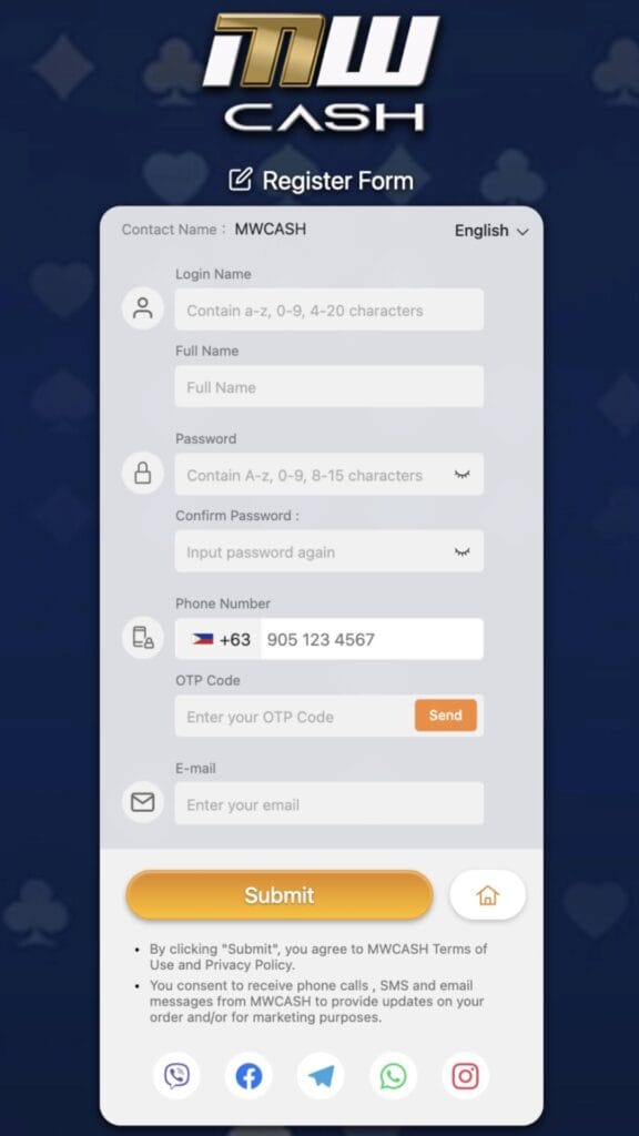 MWCASH Login Register Guide - Sign Up Page